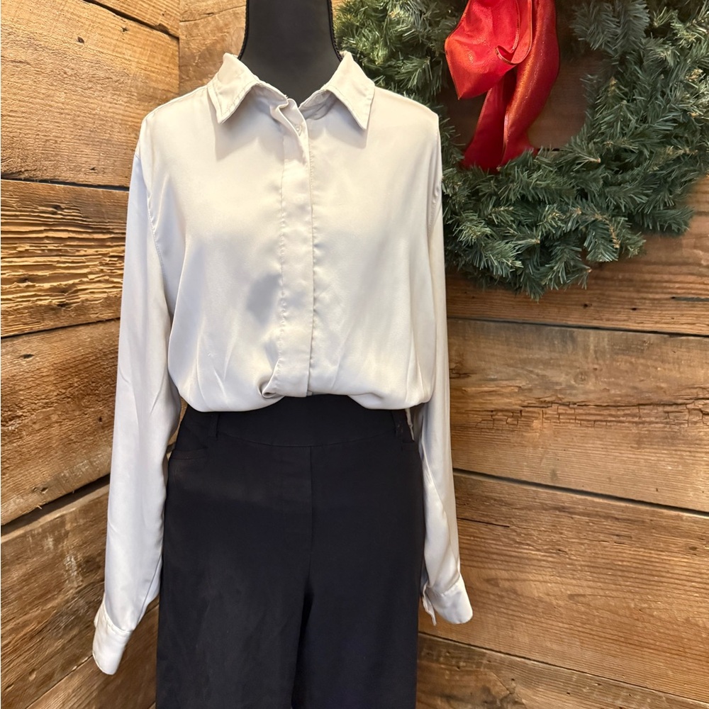 Cream Long Sleeve Blouse and Black Pants Set